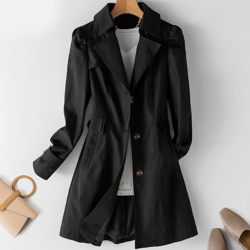 Women's One-Button Trench Coat with Padded Shoulders