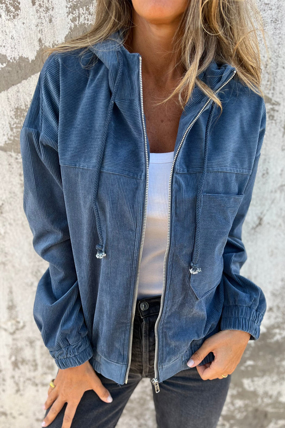 Teal Hooded Zip Jacket with Adjustable Drawstring