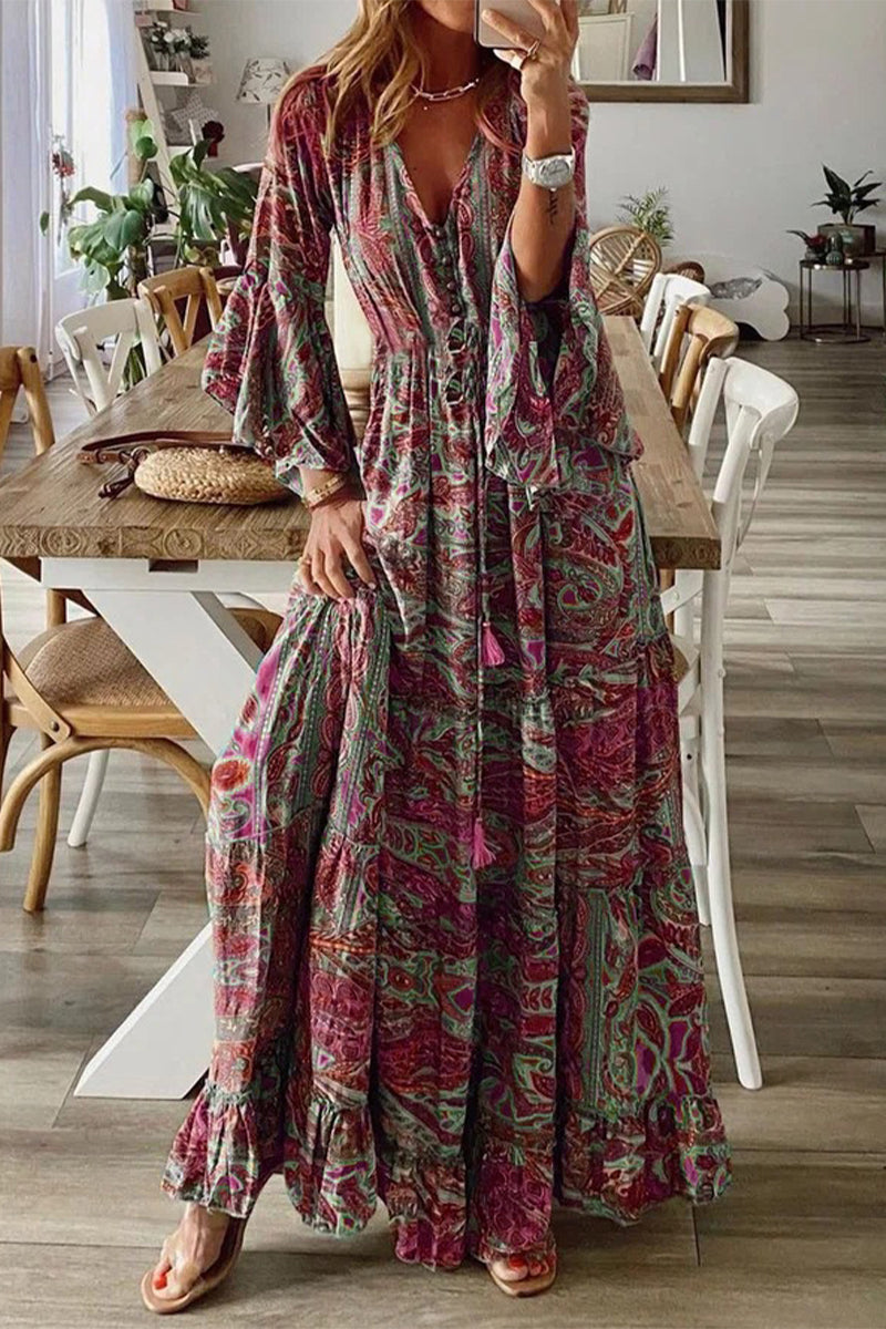 Bohemian V-Neck Dress Featuring Flared Trumpet Sleeves
