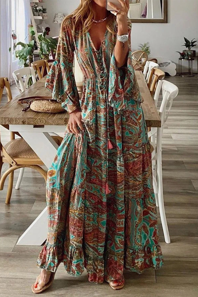 Bohemian V-Neck Dress Featuring Flared Trumpet Sleeves