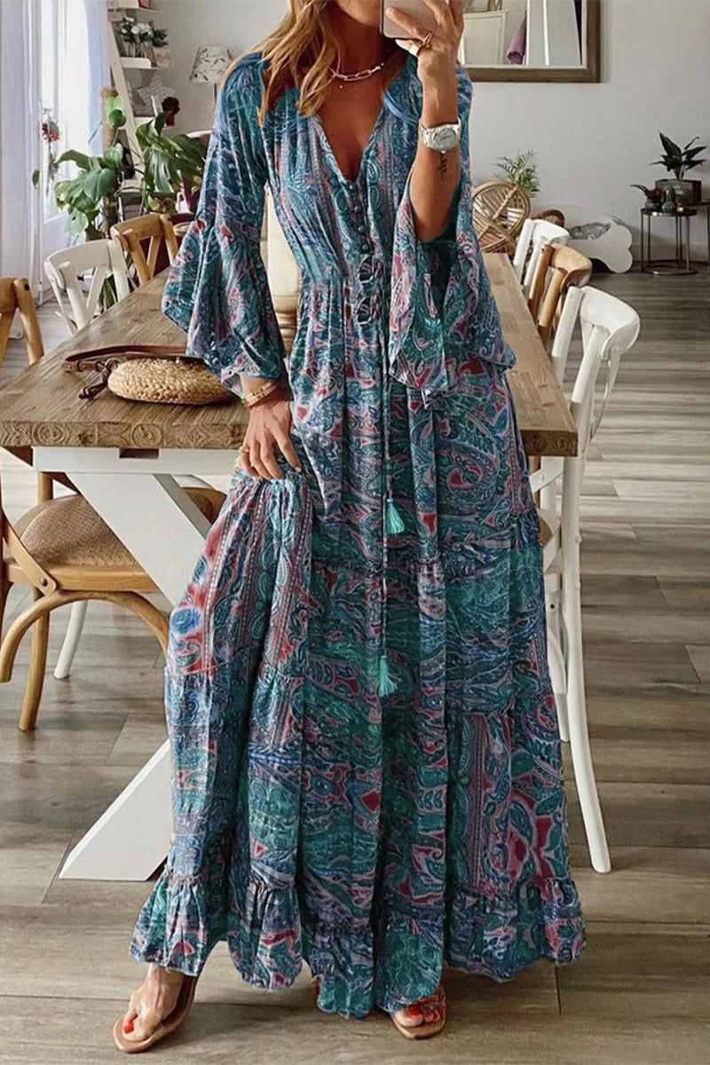 Bohemian V-Neck Dress Featuring Flared Trumpet Sleeves