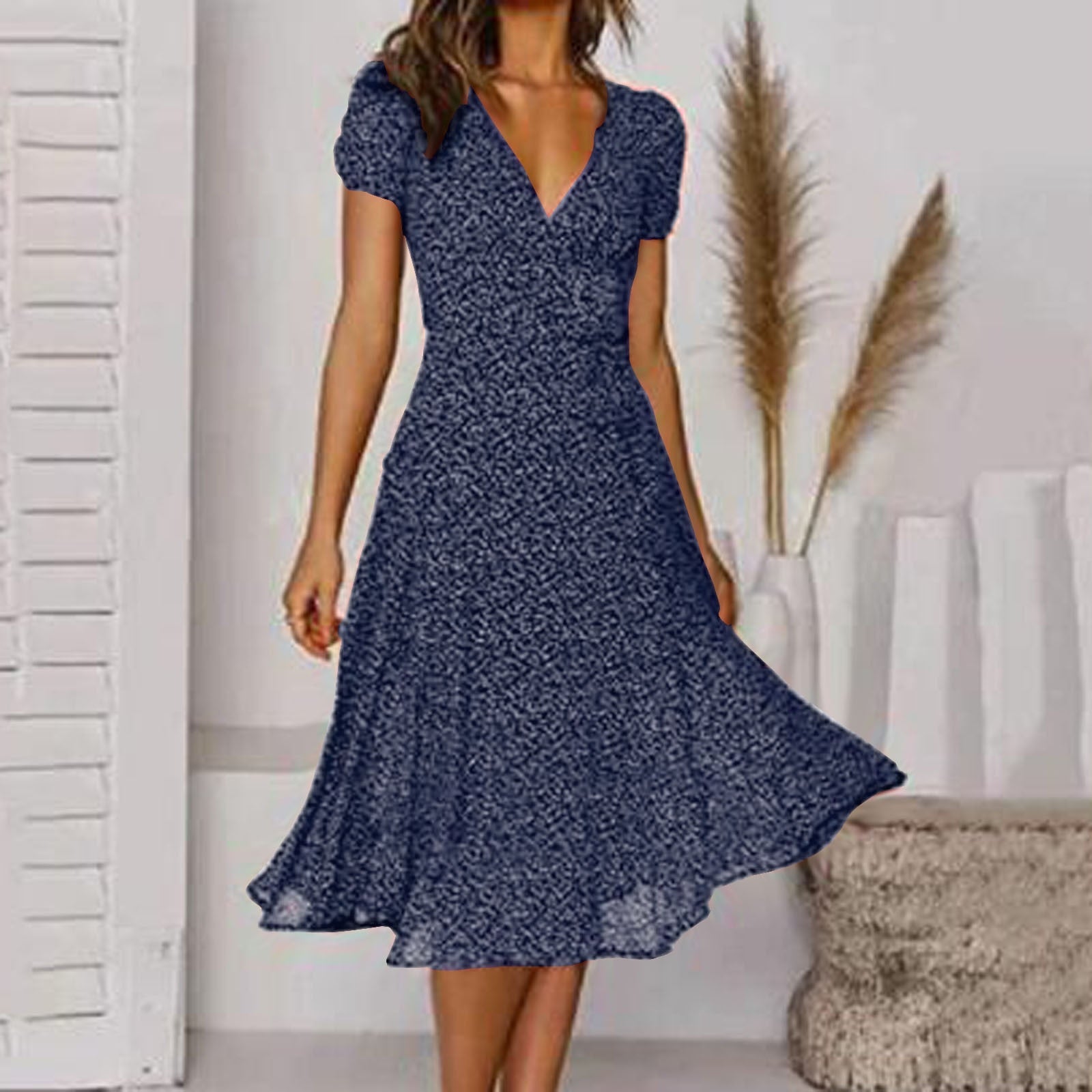 V-Neck A-Line Dress with Flowy Hem