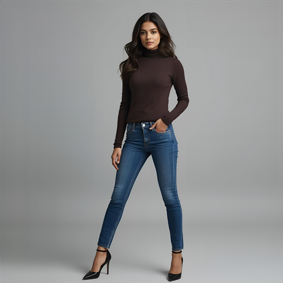 MIRELLA | Brown Fitted Long-Sleeve Turtleneck