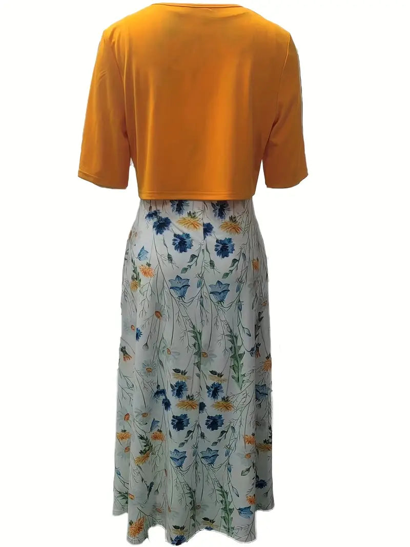 Stylish Floral Two-Piece Dress Set with Solid Crop Top and Round Neckline