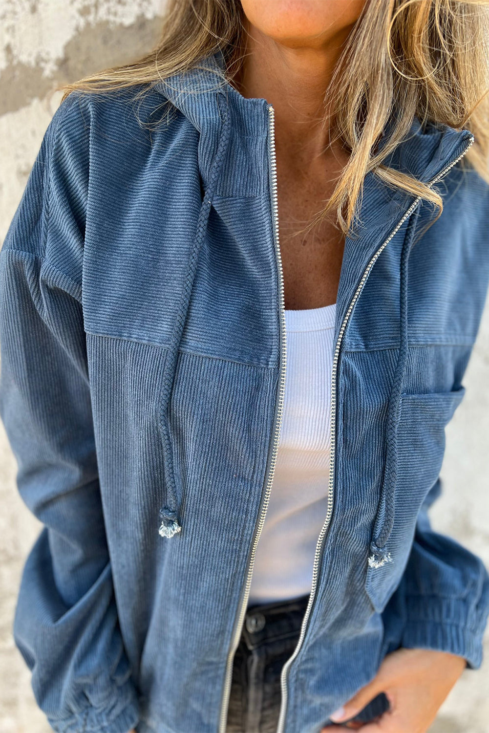 Teal Hooded Zip Jacket with Adjustable Drawstring