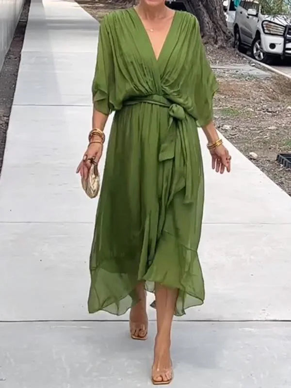Women's Green Chiffon V-Neck Dress for Summer