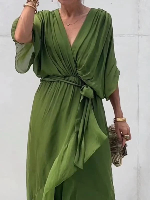 Women's Green Chiffon V-Neck Dress for Summer