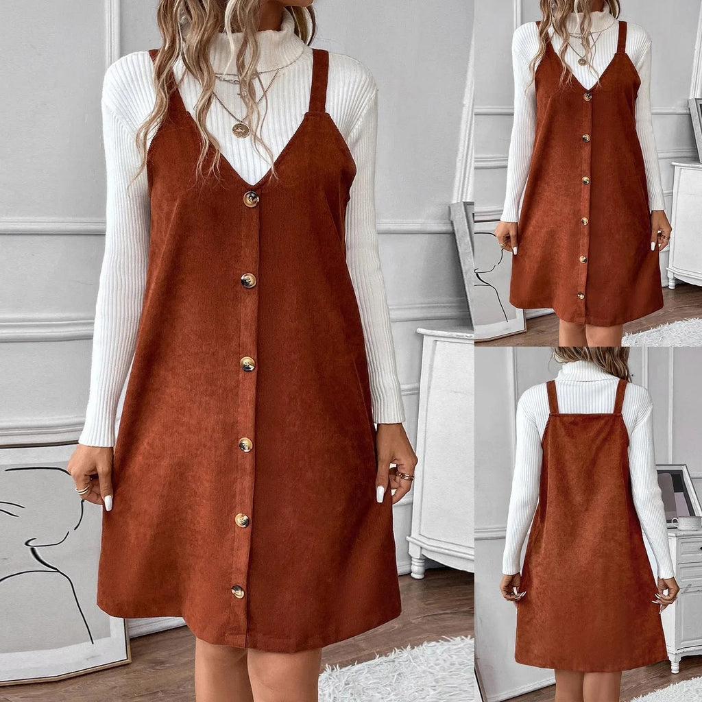 V-Neck Corduroy Dress with Strap Details and Button Accents