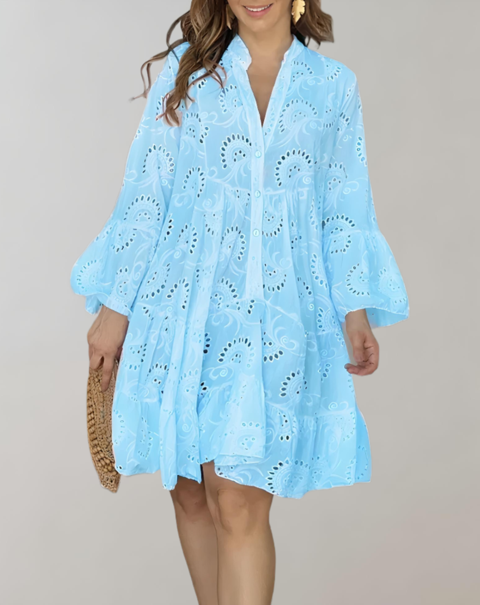 Elegant V-Neck Embroidered Dress with Bell Sleeves for Easy Comfort