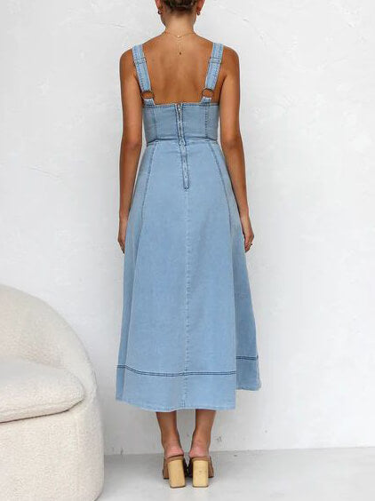 Button-Up Denim Midi Dress with Casual Strap Design