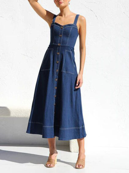 Button-Up Denim Midi Dress with Casual Strap Design