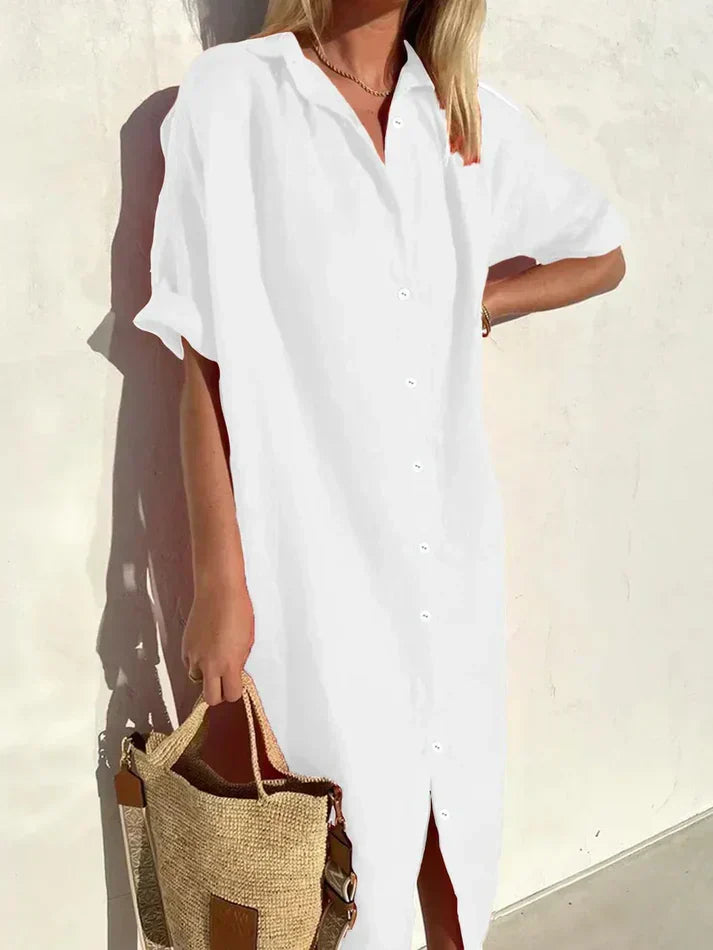 Stylish Women's Casual Dress with Wide Sleeves and Button Accents, Made from Cotton and Linen