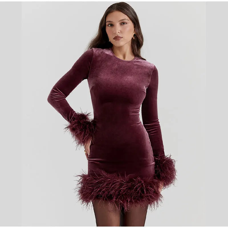 Stylish Sheath Dress with Feather-Trimmed Sleeves