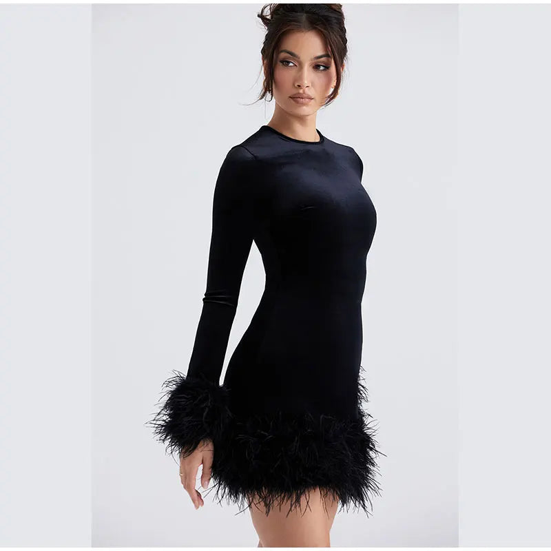 Stylish Sheath Dress with Feather-Trimmed Sleeves