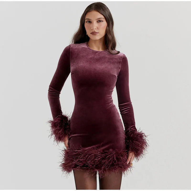 Stylish Sheath Dress with Feather-Trimmed Sleeves