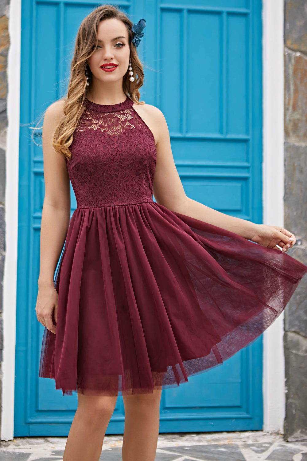 Burgundy Halter Dress for Confirmation Celebration