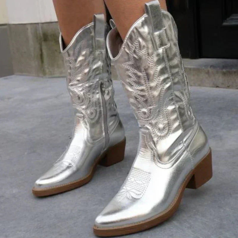 Stylish Metallic Western Ankle Boots