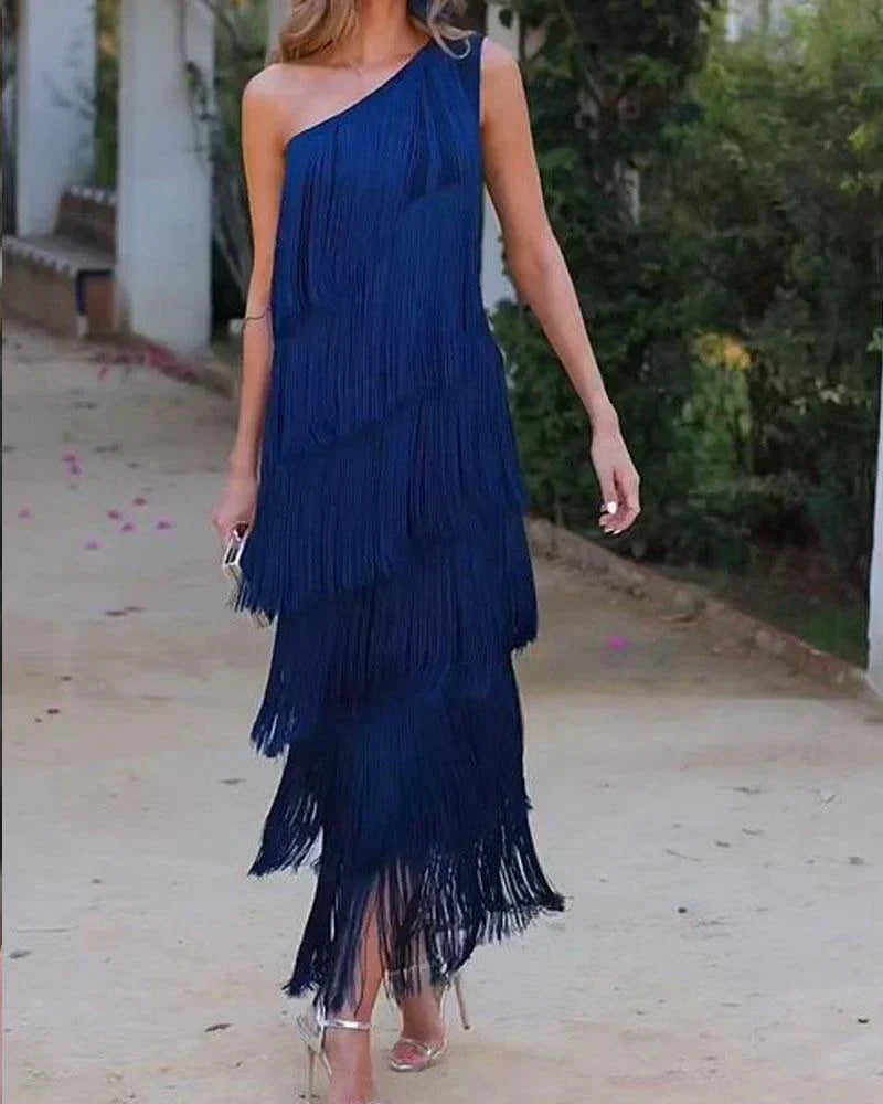 Stylish Open-Shoulder Fringe Dress